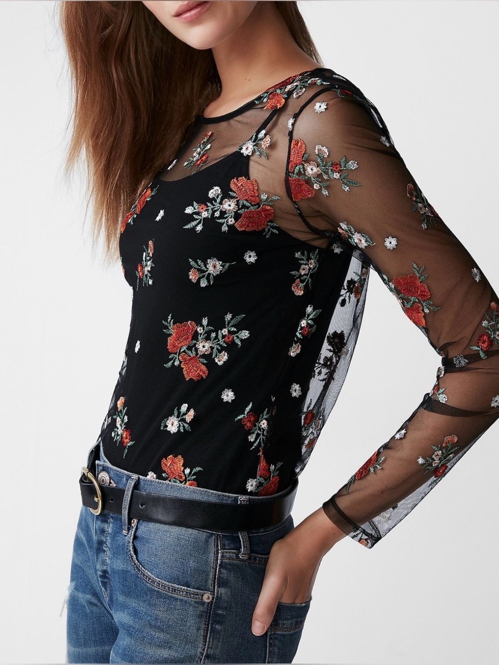 Express Black Sheer Floral Embroidered Long-Sleeve Top